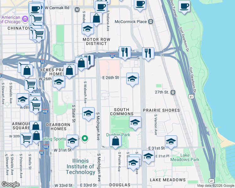 map of restaurants, bars, coffee shops, grocery stores, and more near 2701 South Indiana Avenue in Chicago