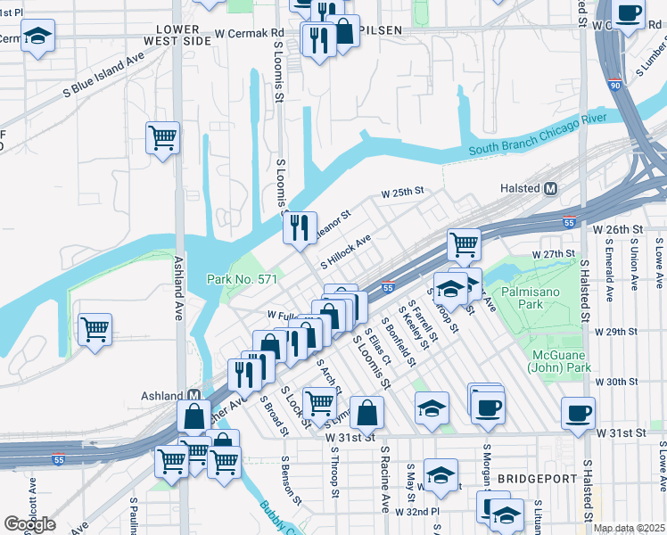 map of restaurants, bars, coffee shops, grocery stores, and more near 2731 South Hillock Avenue in Chicago