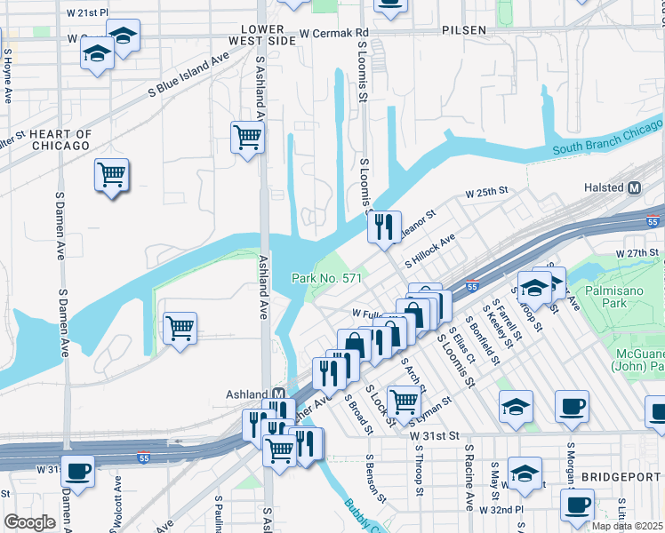 map of restaurants, bars, coffee shops, grocery stores, and more near 2828 South Eleanor Street in Chicago