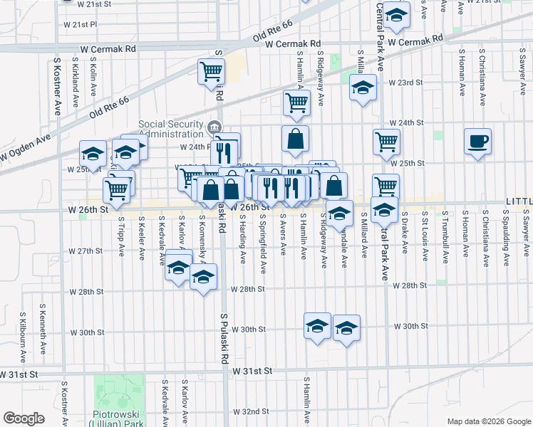 map of restaurants, bars, coffee shops, grocery stores, and more near 3849 West 26th Street in Chicago