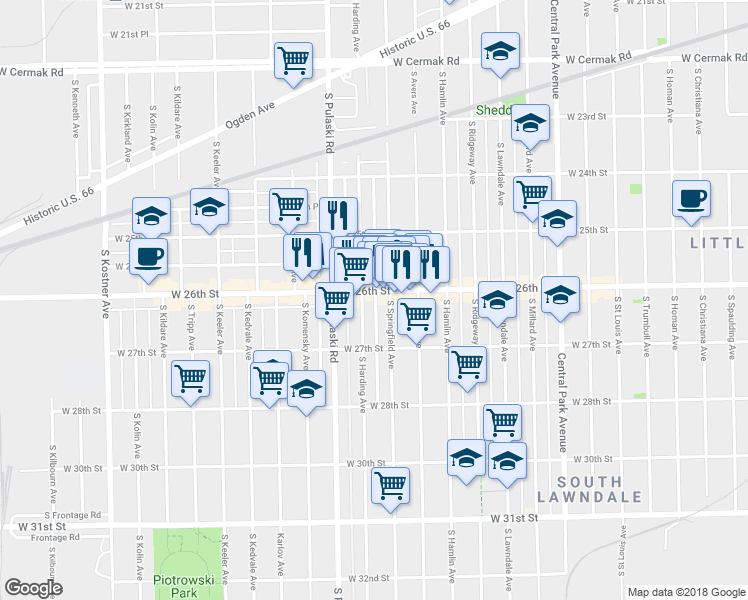 map of restaurants, bars, coffee shops, grocery stores, and more near 3923 West 26th Street in Chicago