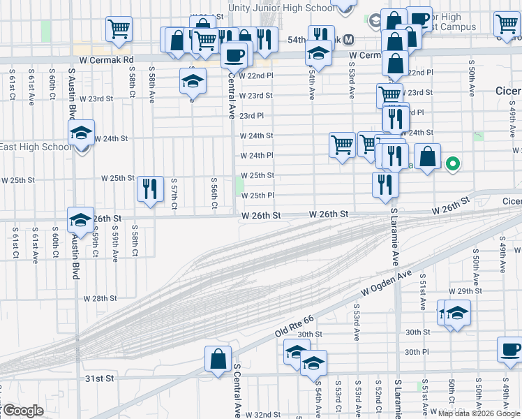map of restaurants, bars, coffee shops, grocery stores, and more near 5512 West 26th Street in Cicero