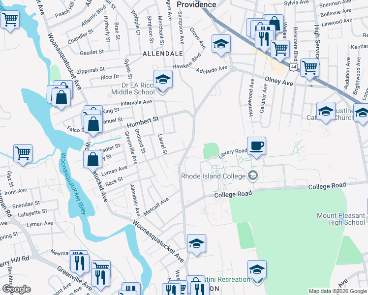 map of restaurants, bars, coffee shops, grocery stores, and more near 2 Terino Drive in North Providence