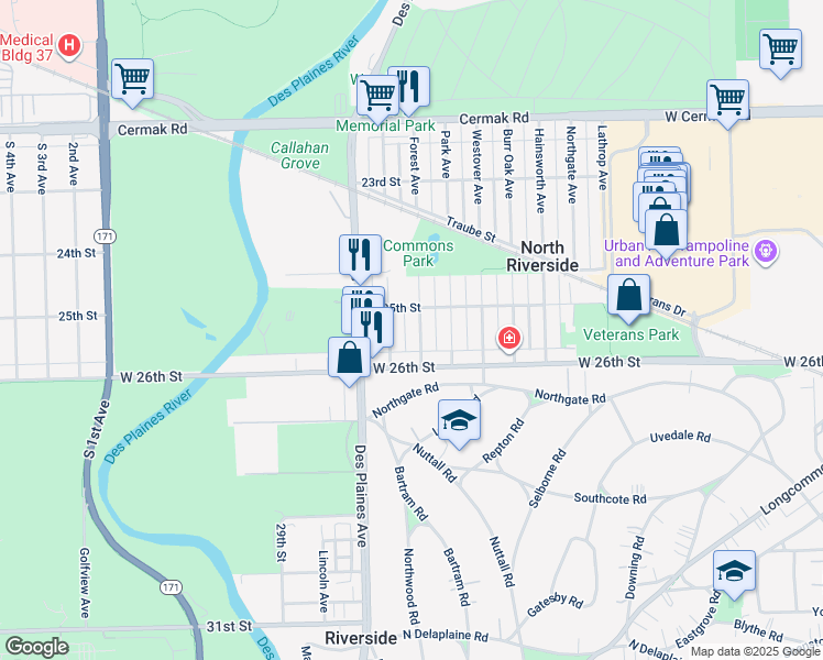 map of restaurants, bars, coffee shops, grocery stores, and more near 2512 Forest Avenue in North Riverside