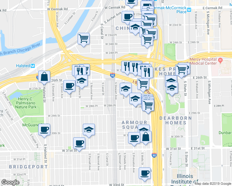 map of restaurants, bars, coffee shops, grocery stores, and more near West 27th Street in Chicago