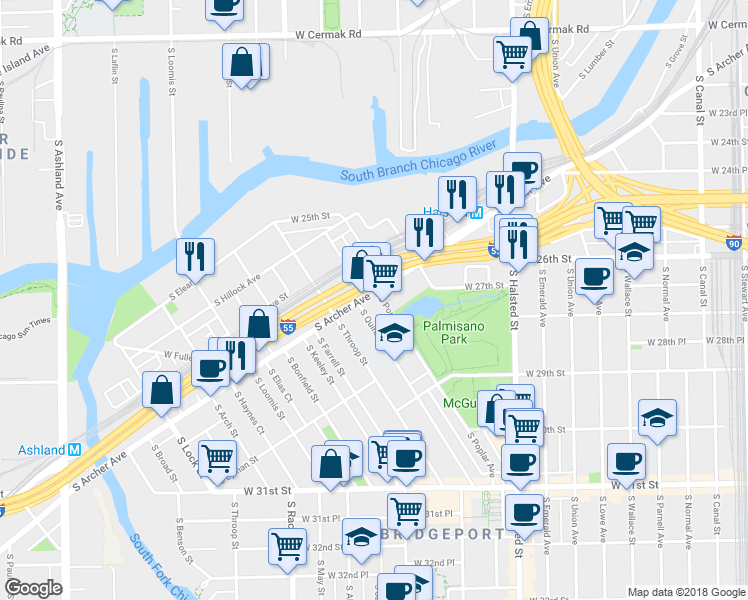 map of restaurants, bars, coffee shops, grocery stores, and more near 2721 South Archer Avenue in Chicago