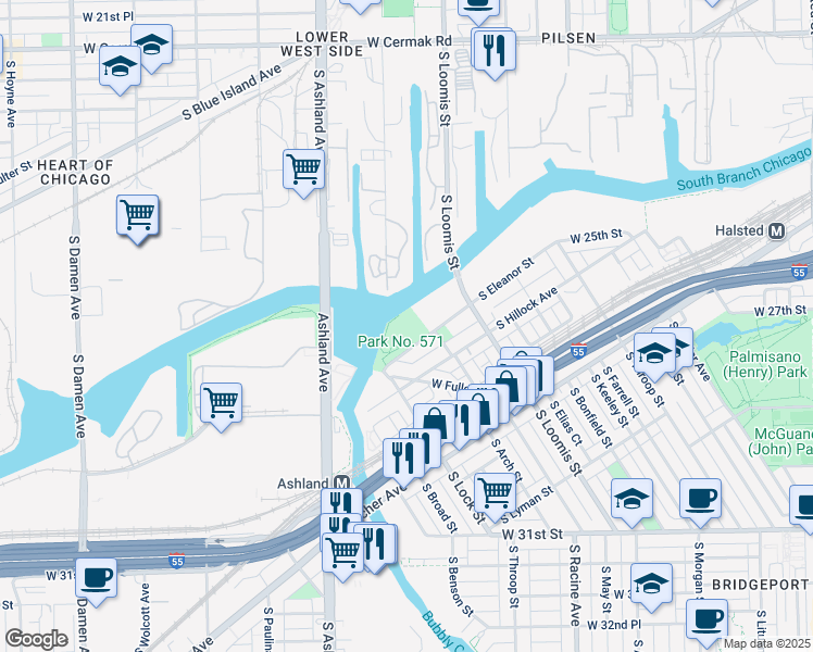 map of restaurants, bars, coffee shops, grocery stores, and more near 2754 South Eleanor Street in Chicago