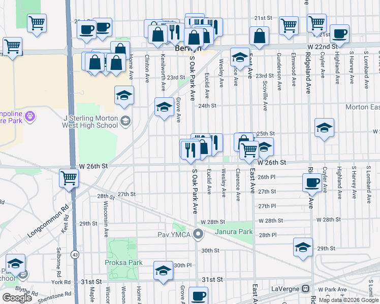 map of restaurants, bars, coffee shops, grocery stores, and more near 2532 Oak Park Avenue in Berwyn
