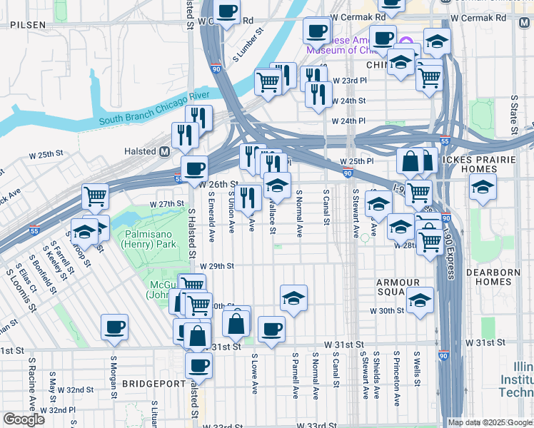 map of restaurants, bars, coffee shops, grocery stores, and more near 2710 S Wallace St in Chicago