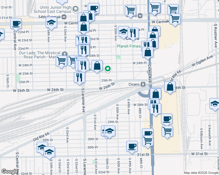 map of restaurants, bars, coffee shops, grocery stores, and more near 5012 West 26th Street in Cicero