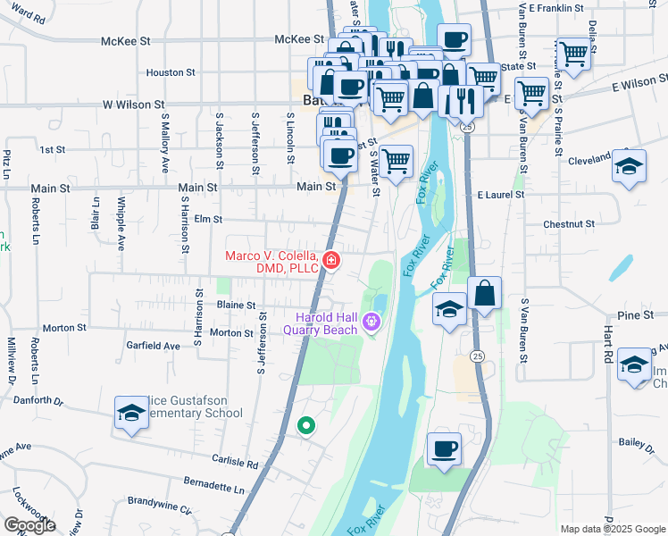 map of restaurants, bars, coffee shops, grocery stores, and more near 414 South Batavia Avenue in Batavia