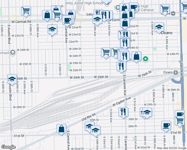 map of restaurants, bars, coffee shops, grocery stores, and more near 5400 West 26th Street in Cicero