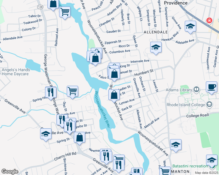 map of restaurants, bars, coffee shops, grocery stores, and more near 306 Woonasquatucket Avenue in North Providence