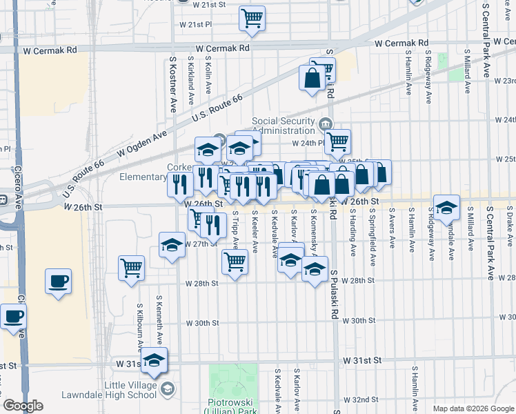 map of restaurants, bars, coffee shops, grocery stores, and more near 4157 West 26th Street in Chicago