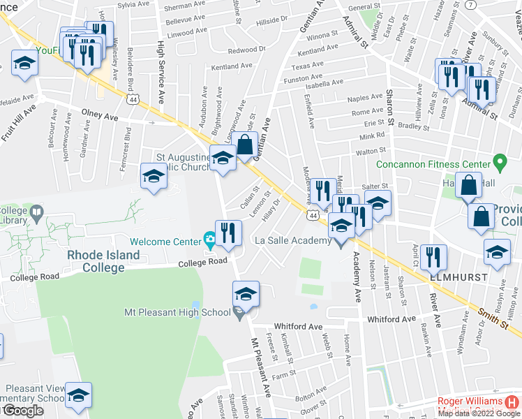 map of restaurants, bars, coffee shops, grocery stores, and more near 44 Lennon Street in Providence