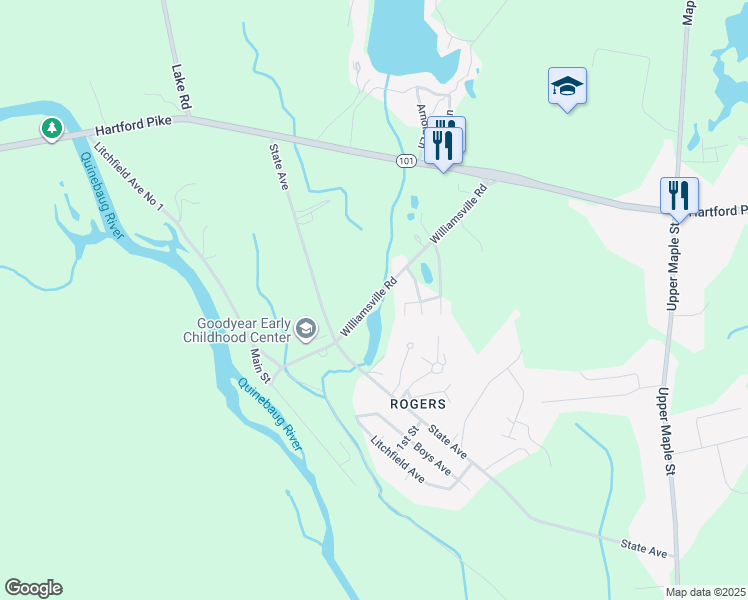 map of restaurants, bars, coffee shops, grocery stores, and more near 78 Williamsville Road in Killingly