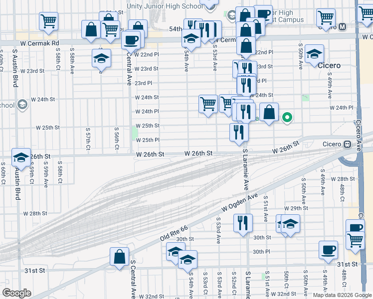 map of restaurants, bars, coffee shops, grocery stores, and more near 5400 West 26th Street in Cicero
