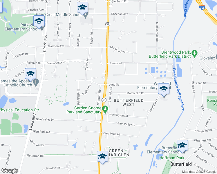 map of restaurants, bars, coffee shops, grocery stores, and more near 2S038 Churchill Lane in Glendale Heights
