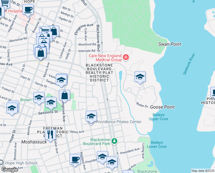 map of restaurants, bars, coffee shops, grocery stores, and more near 293 Blackstone Boulevard in Providence