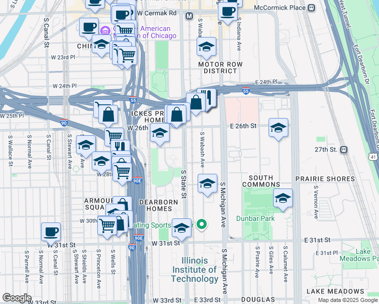 map of restaurants, bars, coffee shops, grocery stores, and more near 2711 South State Street in Chicago
