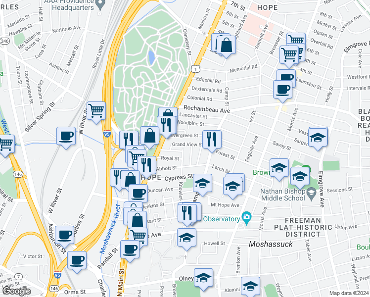 map of restaurants, bars, coffee shops, grocery stores, and more near 127 Knowles Street in Providence