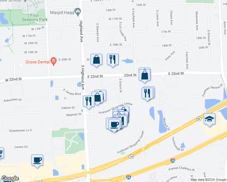 map of restaurants, bars, coffee shops, grocery stores, and more near 2250 South Grace Street in Lombard