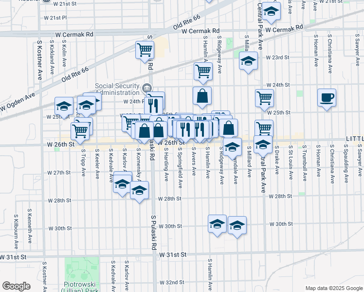 map of restaurants, bars, coffee shops, grocery stores, and more near 3849 West 26th Street in Chicago