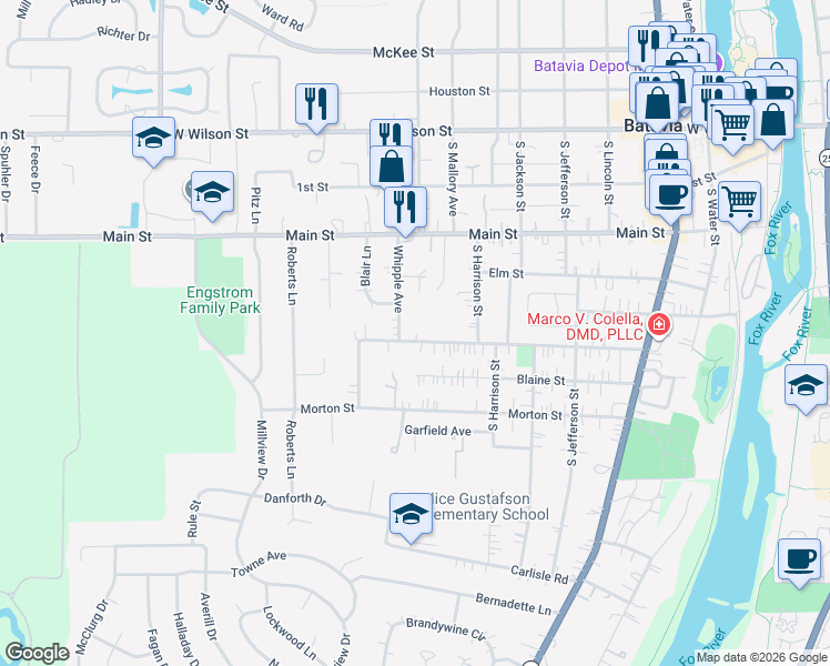 map of restaurants, bars, coffee shops, grocery stores, and more near 901 Walnut Street in Batavia