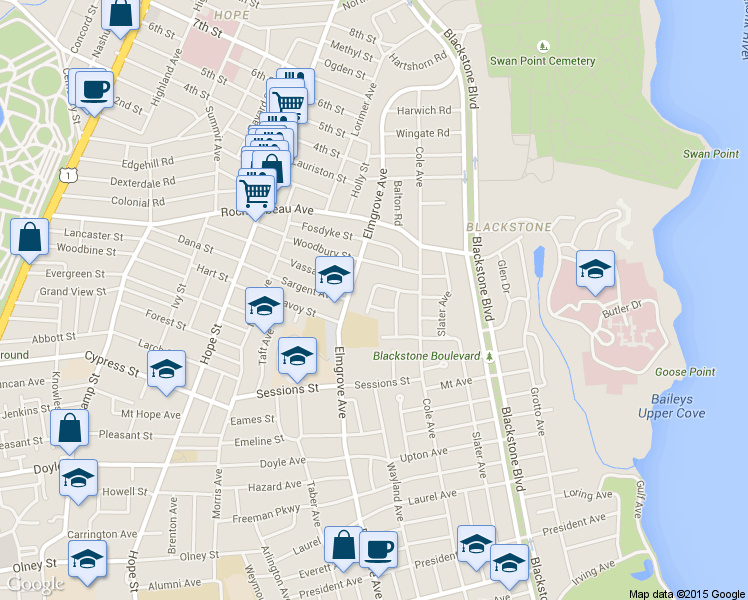 map of restaurants, bars, coffee shops, grocery stores, and more near 66 Faunce Dr in Providence