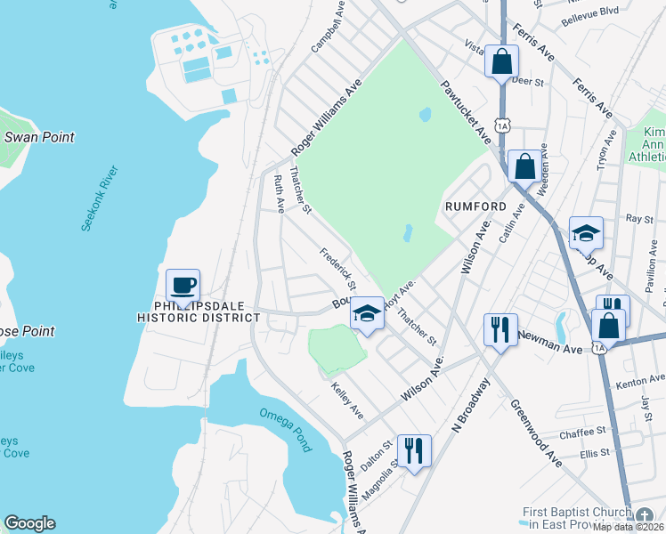 map of restaurants, bars, coffee shops, grocery stores, and more near 50 Frederick St in East Providence