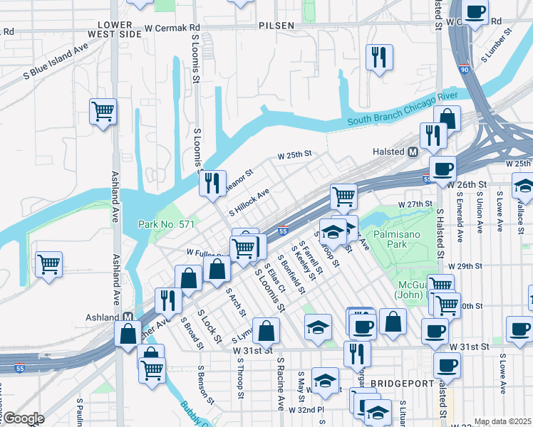 map of restaurants, bars, coffee shops, grocery stores, and more near 2727 South Crowell Street in Chicago