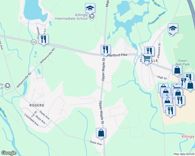 map of restaurants, bars, coffee shops, grocery stores, and more near 1029 Upper Maple Street in Killingly