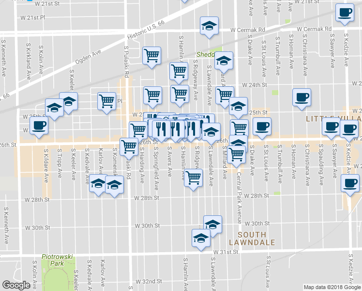 map of restaurants, bars, coffee shops, grocery stores, and more near 3801 West 26th Street in Chicago
