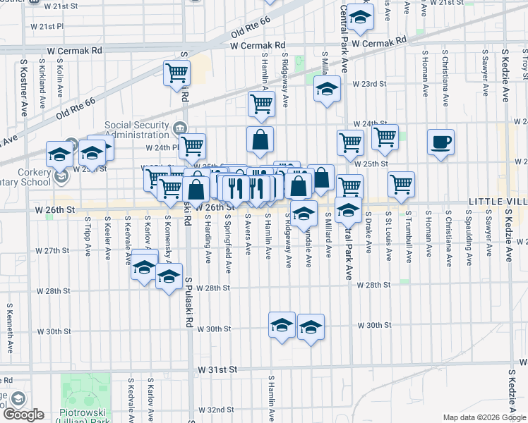 map of restaurants, bars, coffee shops, grocery stores, and more near 3801 West 26th Street in Chicago