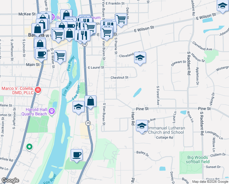 map of restaurants, bars, coffee shops, grocery stores, and more near 511 South Prairie Street in Batavia
