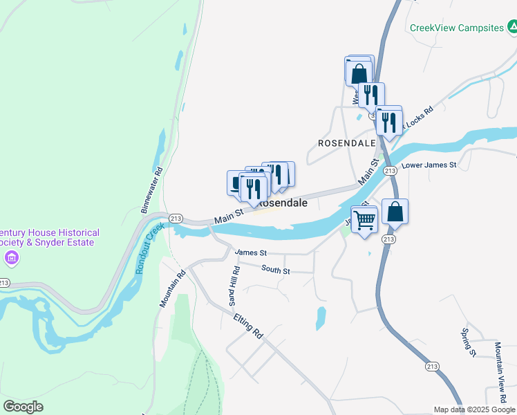 map of restaurants, bars, coffee shops, grocery stores, and more near Main Street in Rosendale