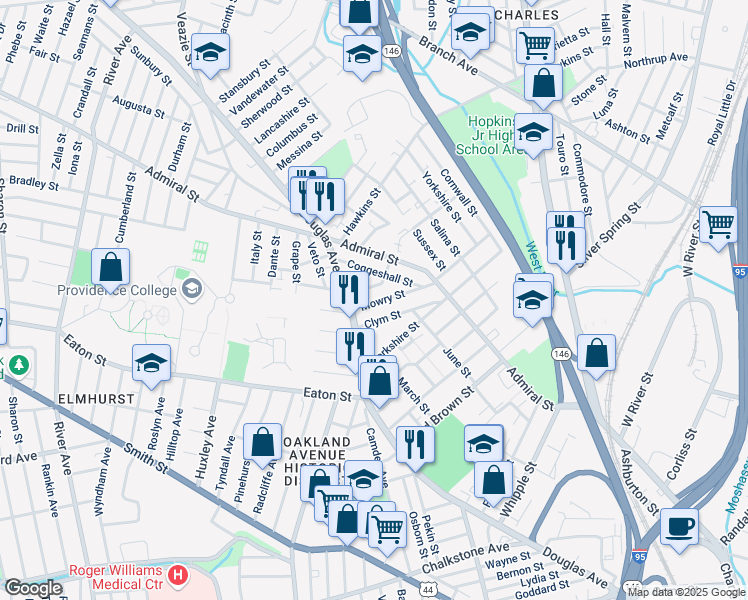 map of restaurants, bars, coffee shops, grocery stores, and more near 68 Mowry Street in Providence