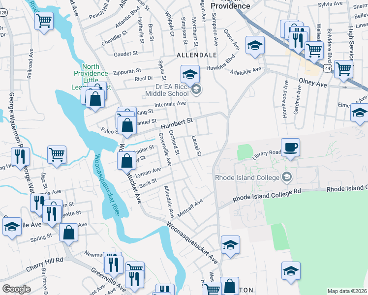 map of restaurants, bars, coffee shops, grocery stores, and more near 24 Penrose Street in North Providence