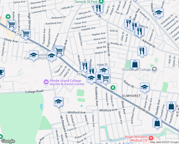 map of restaurants, bars, coffee shops, grocery stores, and more near 32 Meridian Street in Providence