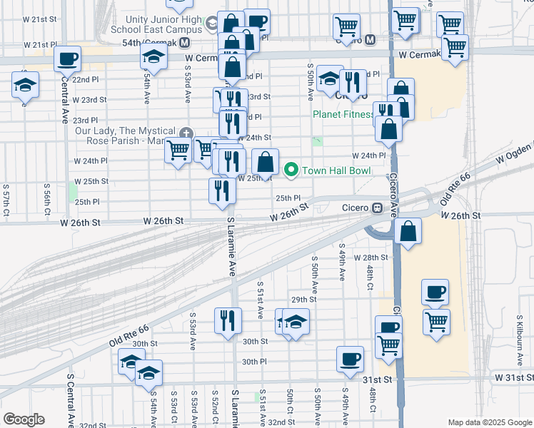 map of restaurants, bars, coffee shops, grocery stores, and more near 5100 West 26th Street in Cicero