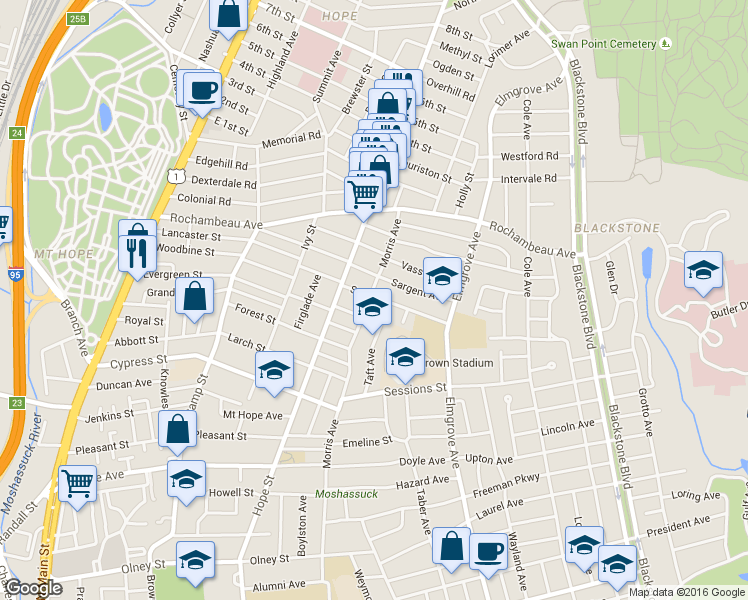 map of restaurants, bars, coffee shops, grocery stores, and more near 49 Savoy Street in Providence
