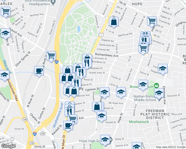 map of restaurants, bars, coffee shops, grocery stores, and more near 127 Knowles Street in Providence