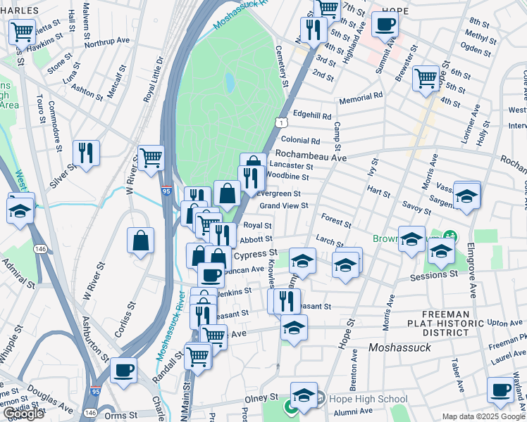 map of restaurants, bars, coffee shops, grocery stores, and more near 18 Grand View Street in Providence