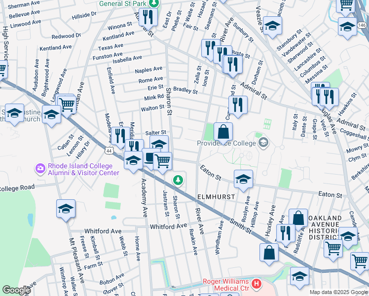 map of restaurants, bars, coffee shops, grocery stores, and more near 43 College Road in Providence