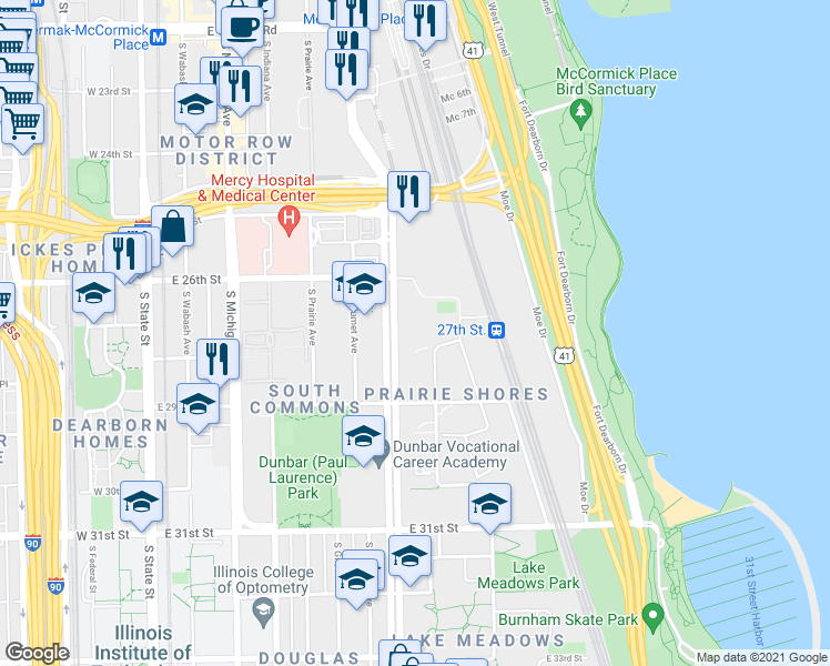 map of restaurants, bars, coffee shops, grocery stores, and more near 2629 South King Drive in Chicago