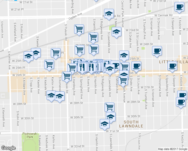 map of restaurants, bars, coffee shops, grocery stores, and more near 3807 West 26th Street in Chicago