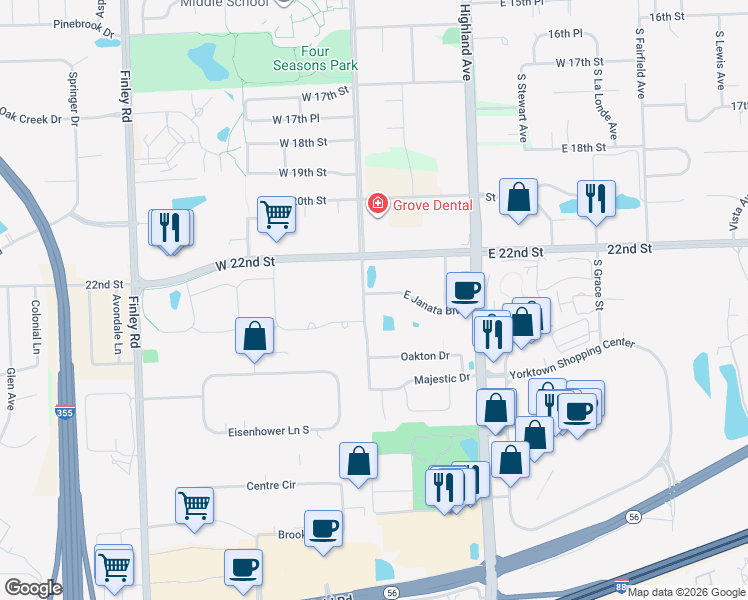 map of restaurants, bars, coffee shops, grocery stores, and more near 41 South Main Street in Lombard