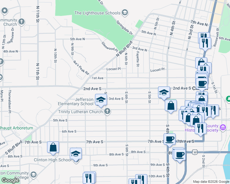 map of restaurants, bars, coffee shops, grocery stores, and more near 645 2nd Avenue South in Clinton
