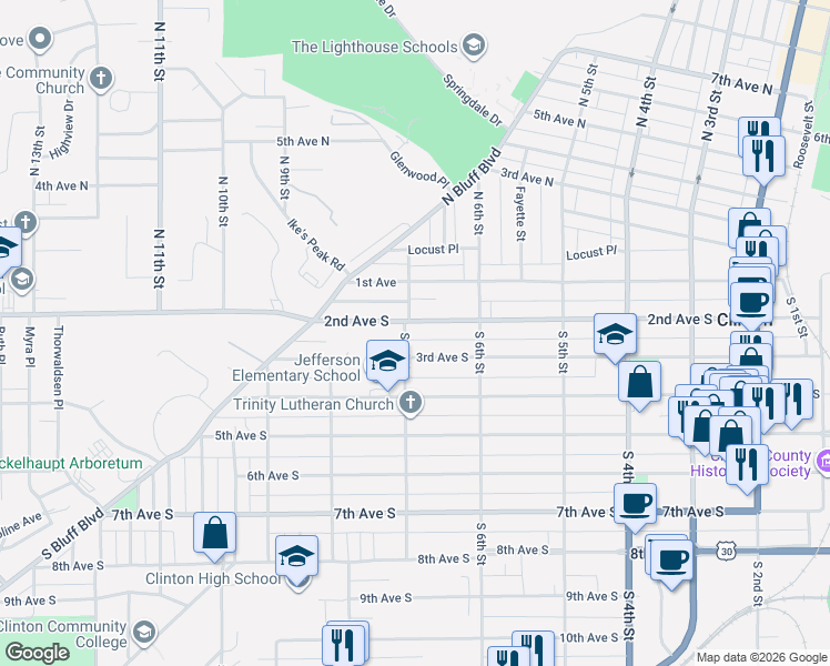 map of restaurants, bars, coffee shops, grocery stores, and more near 645 2nd Avenue South in Clinton