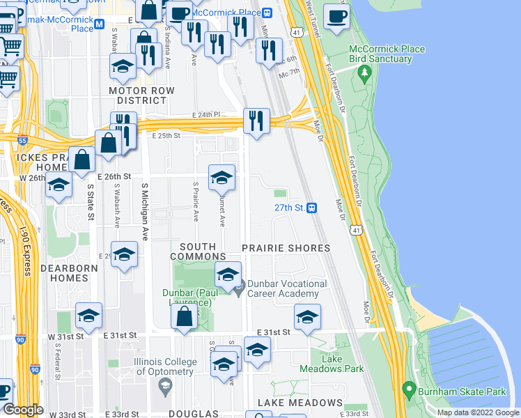map of restaurants, bars, coffee shops, grocery stores, and more near 2629 South King Drive in Chicago